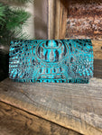 Bright turquoise gator tri-fold wallet